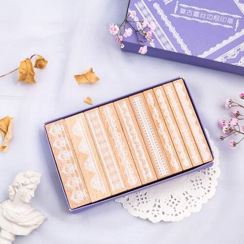 10 pcs/set Vintage lace frame Decoration stamp wooden rubber stamps for scrapbooking stationery DIY craft standard seal