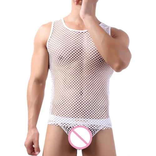 2PCS/Sets Men Undershirts Sleepwear Mesh Fishnet Transparent Tank Tops Briefs Sexy Underwear Shirts Panties Fitness Sports Suits