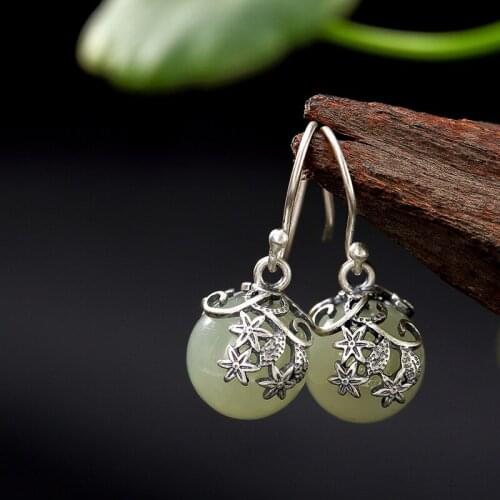 2018 Special Offer Time-limited Brinco S925 Pure Antique Inlaid Natural Hetian Jade Bead Lady High-end Earrings Wholesale