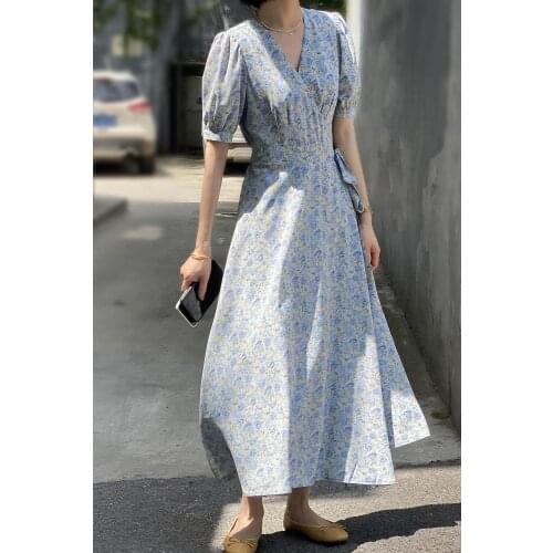 2021 Summer Women Short-sleeved Chiffon Dress V-neck High Waist Floral Print Beach Midi Dresses bandage Sexy Vestidos