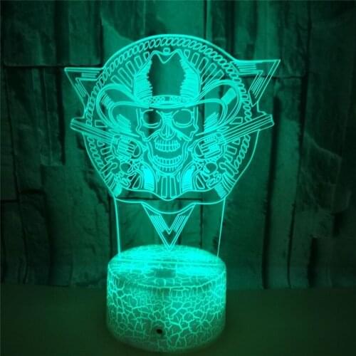 3D Skull Night Light 7 Color Flashing Acrylic Skull Head Halloween Punisher Mood Nightlight USB Crack Base LED Scared Lamp