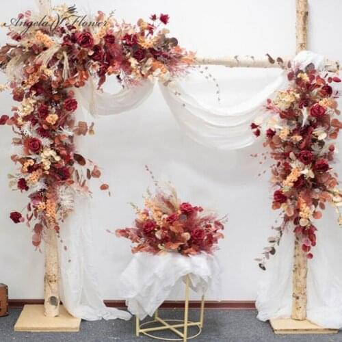 Custom Burgundy Orange Silk Artificial Flower Arrangement Wedding Arch Backdrop HomeDecor Party Event ceremony Floral Row Plants