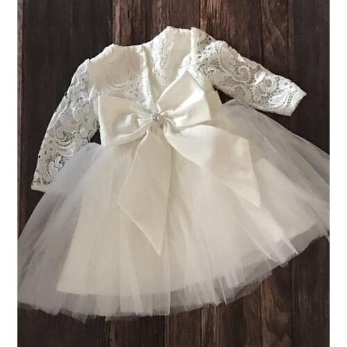 White Ivory Lace Baby Girl Baptism Dress Flower Girl Dress Long Sleeve Christening Gown