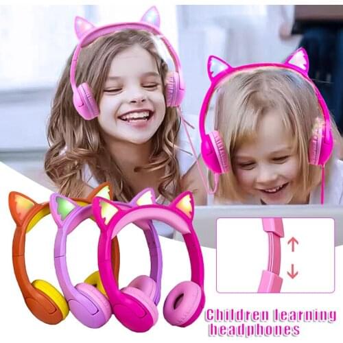 LED Cat Ear Wireless Headphones Bluetooth-compatible Earphone Kids Gift Headset With Mic Noise Cancelling For Online Learning