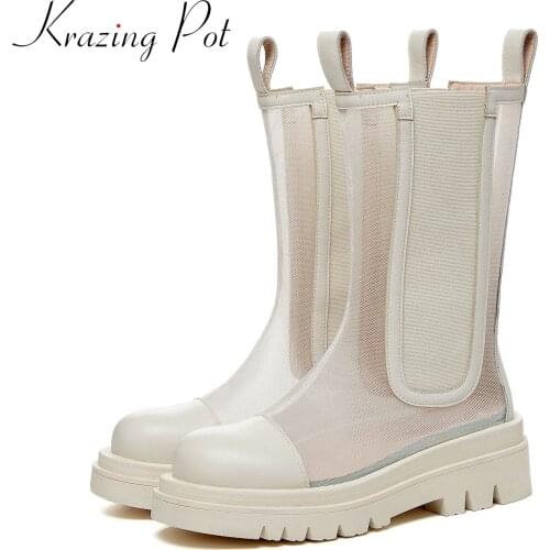 Krazing Pot size 43 genuine leather med heels platform lace mesh breathable non-slip casual brand punk superstar summer boots