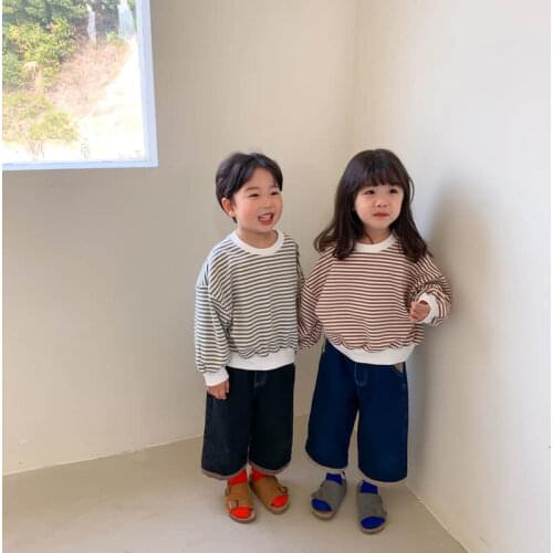 Childrens sweater 2021 spring Korean boys' and girls' loose stripe sweater childrens cotton knitted pullover
