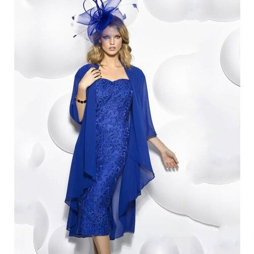 Royal Blue Wedding Guest Dresses Elegant Cap Sleeve Lace Mermaid Party Gowns Mother Of The Bride Dress with Chiffon Jacket