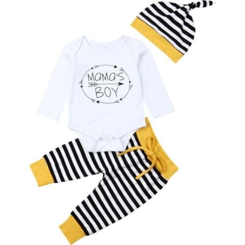 0-18M Newborn Baby Boy Cotton Romper Tops Stripe Pants Trousers 3PCS Outfit Clothes
