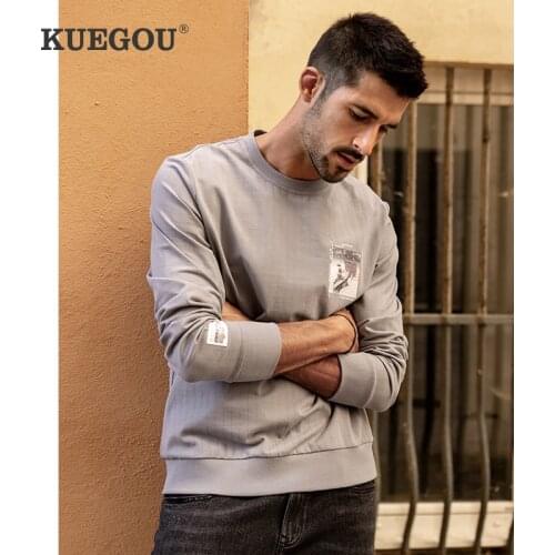 KUEGOU Autumn Cotton Clothing Stretch Mens Hoodie Sweatshirt Top Pullover Sweatshirts men Patch Streetwear Plus size CW-3271