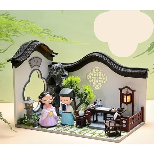 Chinese Courtyard DIY Wooden Dollhouse Kit Assembled Miniature With Rockery Checkerboard 3D Doll House Toy For Kids Adult Gift