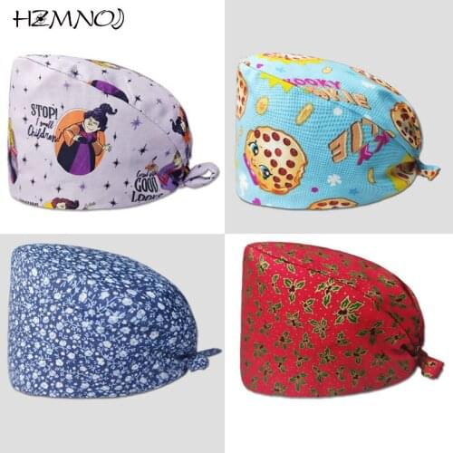 Trendy Pattern Printed Scrub Cap Dust Cap Cotton Nurse Cap Bandage Mens Womens Surgical Cap Adjustable Fashion Scrub Cap