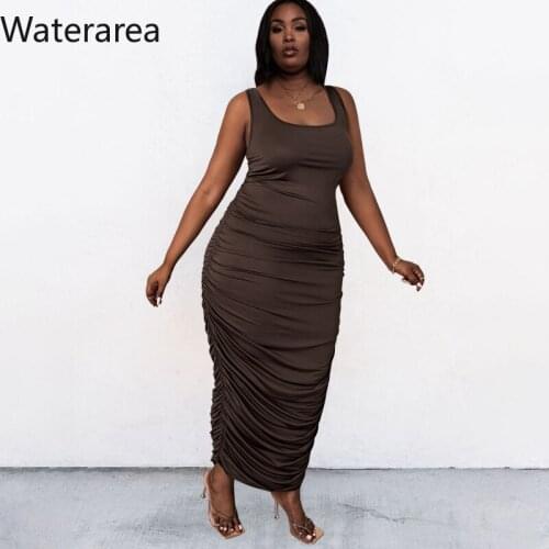 Waterarea Plus Size Solid Womens Dress Square Collar Sleeveless Backless Slim Pleated Midi Dress Sexy Party