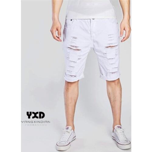 2021 Summer Mens Solid Color Casual Slim Fit Ripped Short Jeans Mens Skinny Denim Beggar Shorts For Men Streetwear Hole Pants
