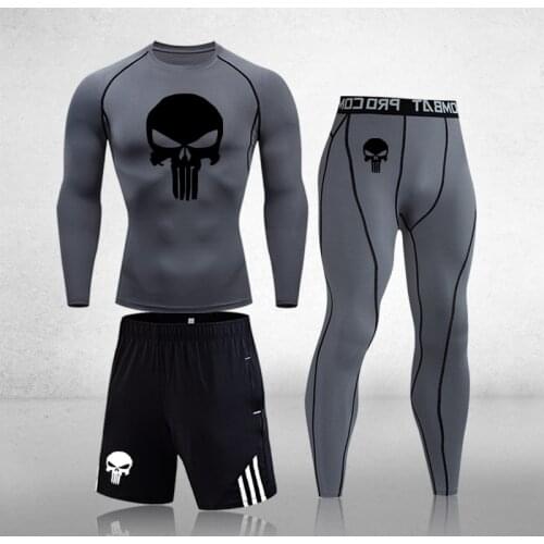 Men Compression set MMA Long Sleeve T-shirt Mens Tight Pants Fitness Bodybuilding Clothes Skull Rashguard Sport Suit