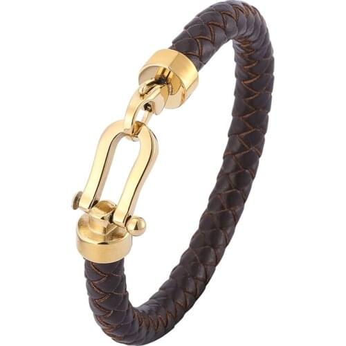 Men Leather Bracelet Stainless Steel Horseshoe Buckle Casual Bangle New Fashion Bracelet & Bangle Male Jewelry Gifts PD0779