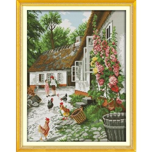 Needlework DMC color Cross stitch,kit For Embroidery set,Cocks Farmyard House Print Pattern Cross-Stitch painting wall decor