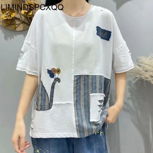 LIMINDSPCXQQ 2021 Summer New Fashion Ladies Patchwork Embroidery T-shirts Women Holes Casual Striped Tee Female White Plus Size
