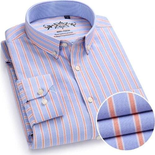 2019 Spring New Mens Long Sleeve Contrast Plaid Striped Oxford Dress Shirt Left Chest Pocket Male Casual Slim Fit