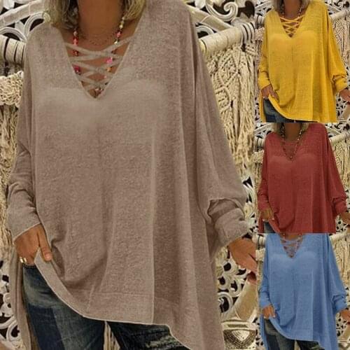 Autumn Loose-fitting Tops V-neck Long-sleeved Bat T-shirt Female Gray Red Yellow Khaki Blue Shirts
