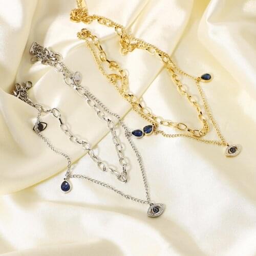 Amaiyllis 14k Gold Double Layer Evil Eye Necklace Pendant Fashion Blue Zircon Lucky Eye Collar Necklace Jewelry