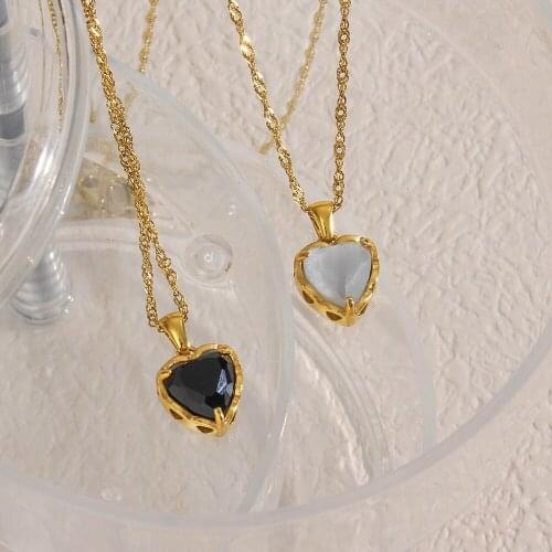 2021 New Stainless Steel White Black Crystal Heart Necklace Cubic Zirconia Natural Stone Pendant Necklace For Women Jewelry