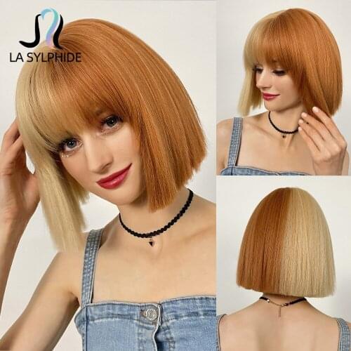 La Sylphide Halloween Cosplay Wig Short Straight Bob Brown Blonde Synthetic Hair Wigs with Bangs for Woman Heat Resistant Wig