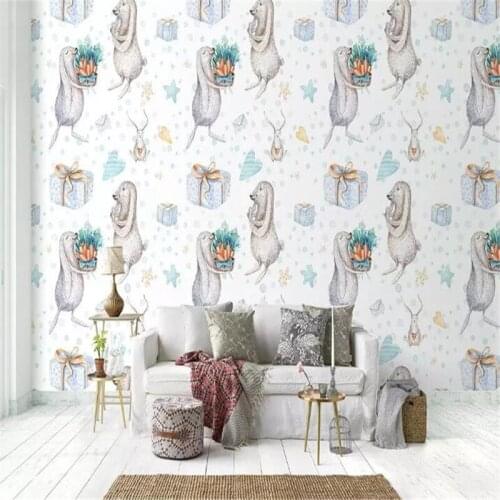Hand-painted watercolor cartoon rabbit couple high-grade wall cloth manufacturers wholesale wallpaper wallpaper photo wall