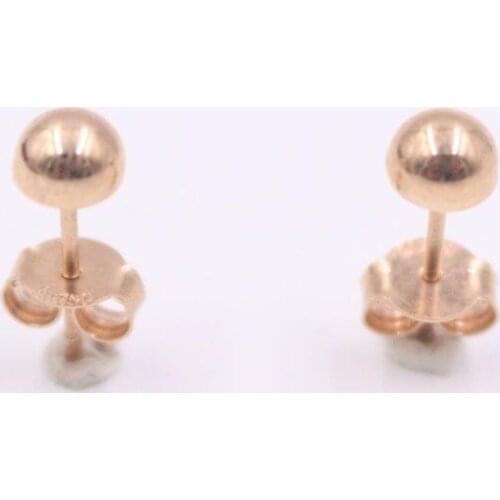 Real 18K Rose Gold Stud Earrings For Women Smooth 5mm Half Ball Earrings Simple Style Lucky