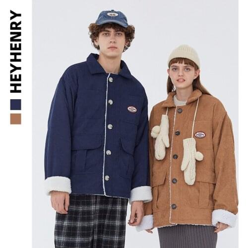 Style multi-pocket with velveteen padded jacket retro 2020 Winter Korean version loose-fitting lovers outfit thickened coat