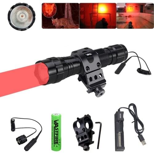 Tactical Red LED Hunting Flashlight Set Single Mode Torch Power by 18650 Battery+Scope Mount+USB Charger+Remote Switch