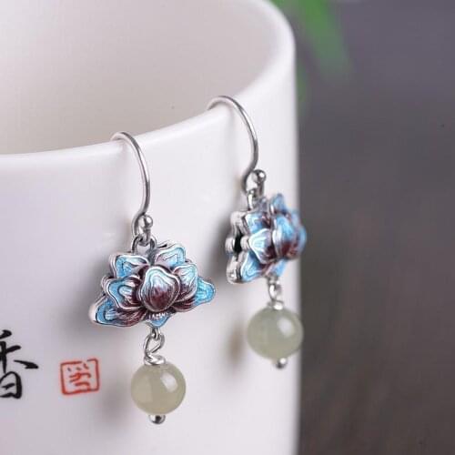 Burnt Blue Lotus Earrings S925 Sterling Silver Vintage Chinese Hetian Jade Womens Elegant Earrings Classical and Ethnic Style E
