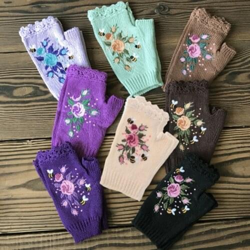 Women Winter Crochet Knitted Fingerless Gloves Sweet Colorful Floral Bee Embroidery Thumbhole Texting Mittens Arm Warmer