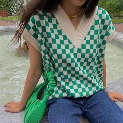 2021 V Neck Plaid Print Womens Vest Green Oversized Sleeveless Casual Autumn Winter Patchwork Fashion Y2k Loose Knitted Sweater
