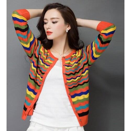 Women Striped Knitted Cardigan Coat Autumn Winter 2018 Casual O-Neck Long Sleeve Crochet Knit Sweater Coat Female Tops