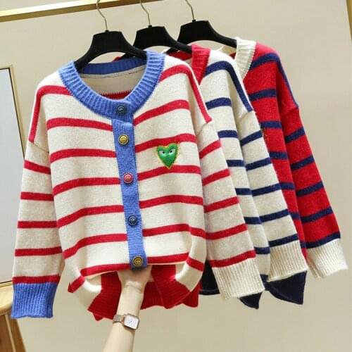 Womens Striped Knit Sweater Girls 2020 Autumn Winter Single-breasted New Short Fresh Versatile Cotton Loose Sweater One Size