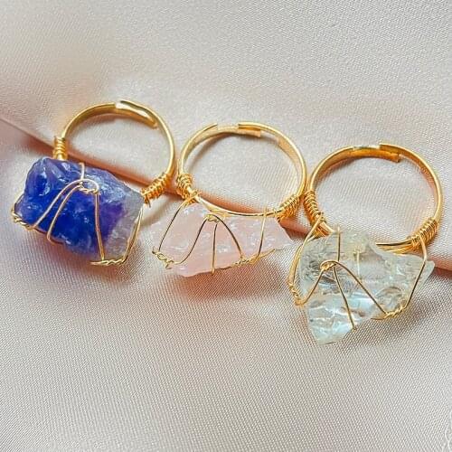 Charm Natural Stone Rings for Women Amethyst Aquamarine Pink Crystal Gold Wire Wrapped Gemstone Rings Wedding Party Jewelry Gift