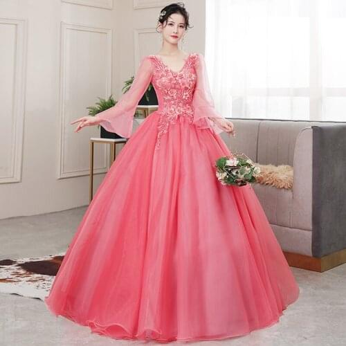 Quinceanera Dresses 2020 Vestidos The Party Prom V-neck Long Sleeve Ball Gown Luxury Lace Appliques Quinceanera Dress Host Dress