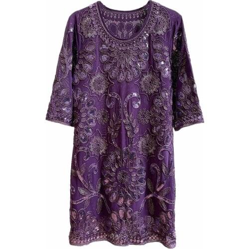 Summer Women Purple Flower Embroidery Round Neck Sequins Casual Straight Tassel Three Fashion Mother Dress 1865