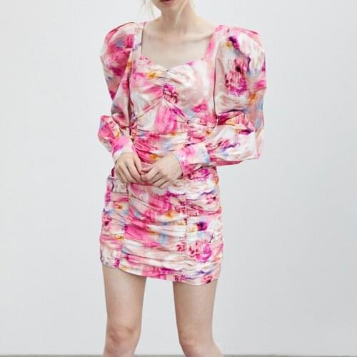 Girl pink dress v-neck color flower print dress puff sleeve pleated dress