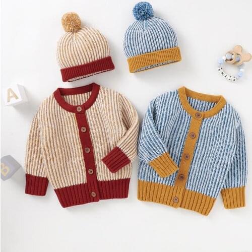 Winter Autumn Toddlers Sweaters Outfit Baby Boys Girls Mixed Color Long Sleeve Single-breasted Knitted Outwear Plush Ball Cap