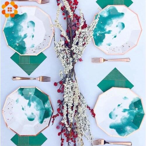 1Set Green Ink Disposable Tableware Pink Gilding Paper Plates/Napkin Table Decor For Wedding Birthday Party Tableware Supplies
