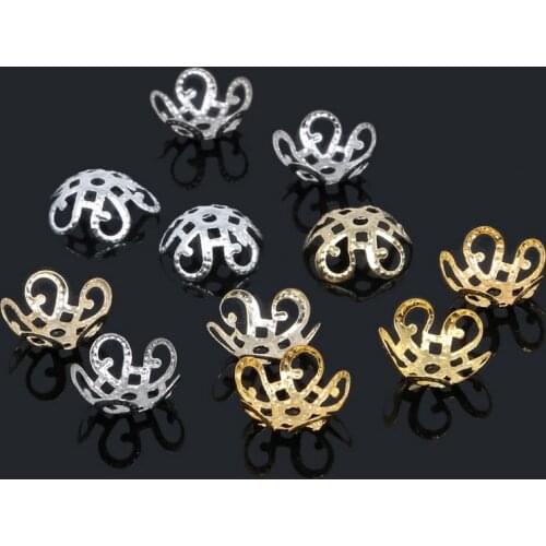 100Pcs=1Lot ! ) Free Shipping Jewelry Finding 10x4MM 5Leaf Hollow Flower End Beads Caps Gold Silver Bronze Nickel Plated