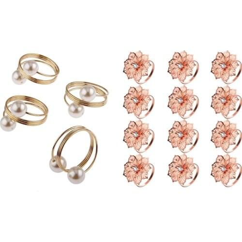 12Pcs Pearl Napkin Buckle Hoop Napkin Rings Holder With 12Pcs Napkin Rings And Hollow Out Flower Napkin Holder