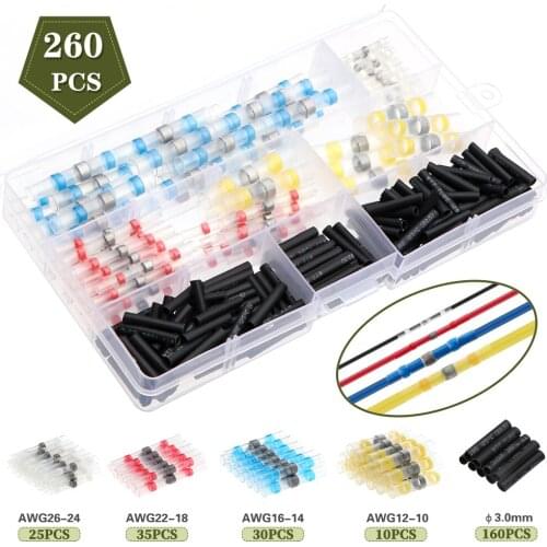 260 PCS Boxed Mixed Waterproof Heat Shrink Butt Wire Connectors Terminals Solder Seal Sleeve For Auto Home Electrical Equipments