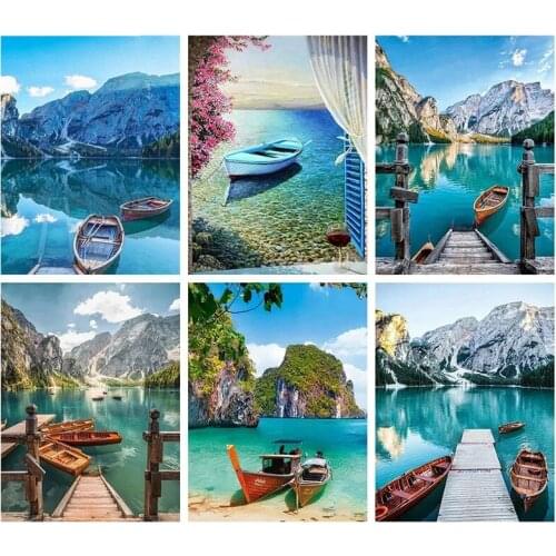 FIYO Full Square/Round Drill 5D DIY Diamond Painting "Seaside Boat Landscape" Embroidery Cross Stitch Home Decor Gift