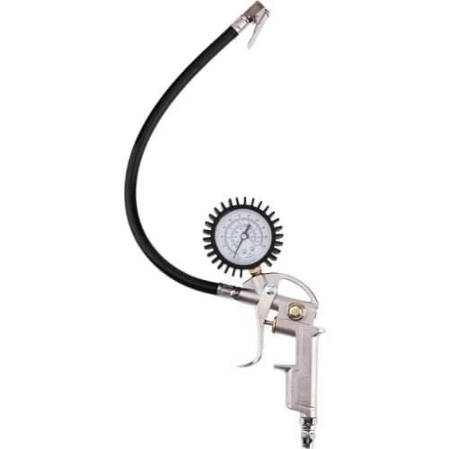 Automobile Car Aluminum Alloy + Rubber Lock On Chuck Flexible Hose 0-220psi Tire Inflator with Air Pressure Gauge Pistol