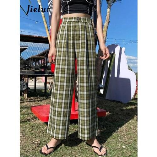 Jielur Wide Leg Plaid Pants Women Korean Casual Street Hipster Trousers Preppy Style Fashion High Waist Pants for Girls Harajuku