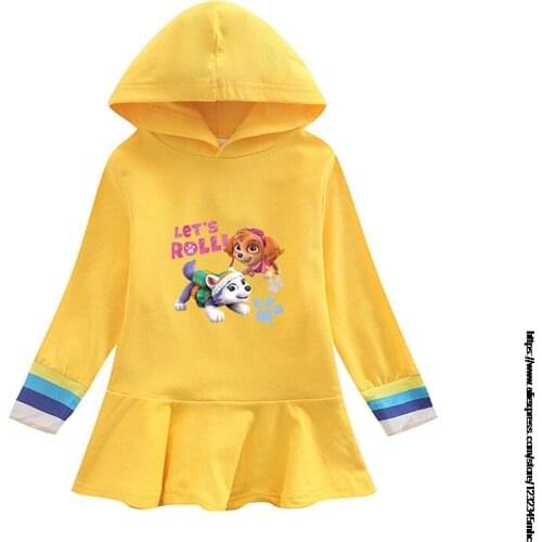 Cartoon Paw Patrol Print Girl Kid Cotton Hoodie Dress with Pleated Hemline Long SleeveBaby Child Sweatshirt Coat Clothes