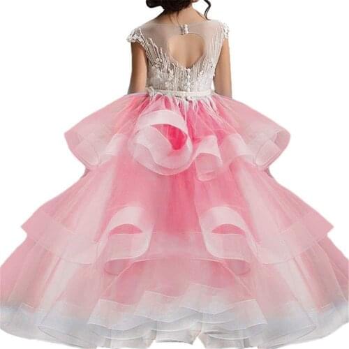 Long Train Ruffles Flower Girls Dresses for Weddings Party Children Dress Tiered Kids Photoshoot Baby Shower Gowns