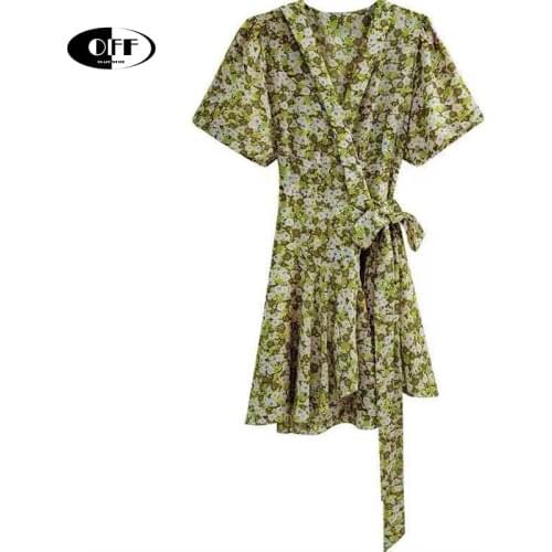 French Chic Elegant Summer Mini Dresses For Women Short Sleeve Bow v-neck floral printed ladies basic zevity beach dress vestido